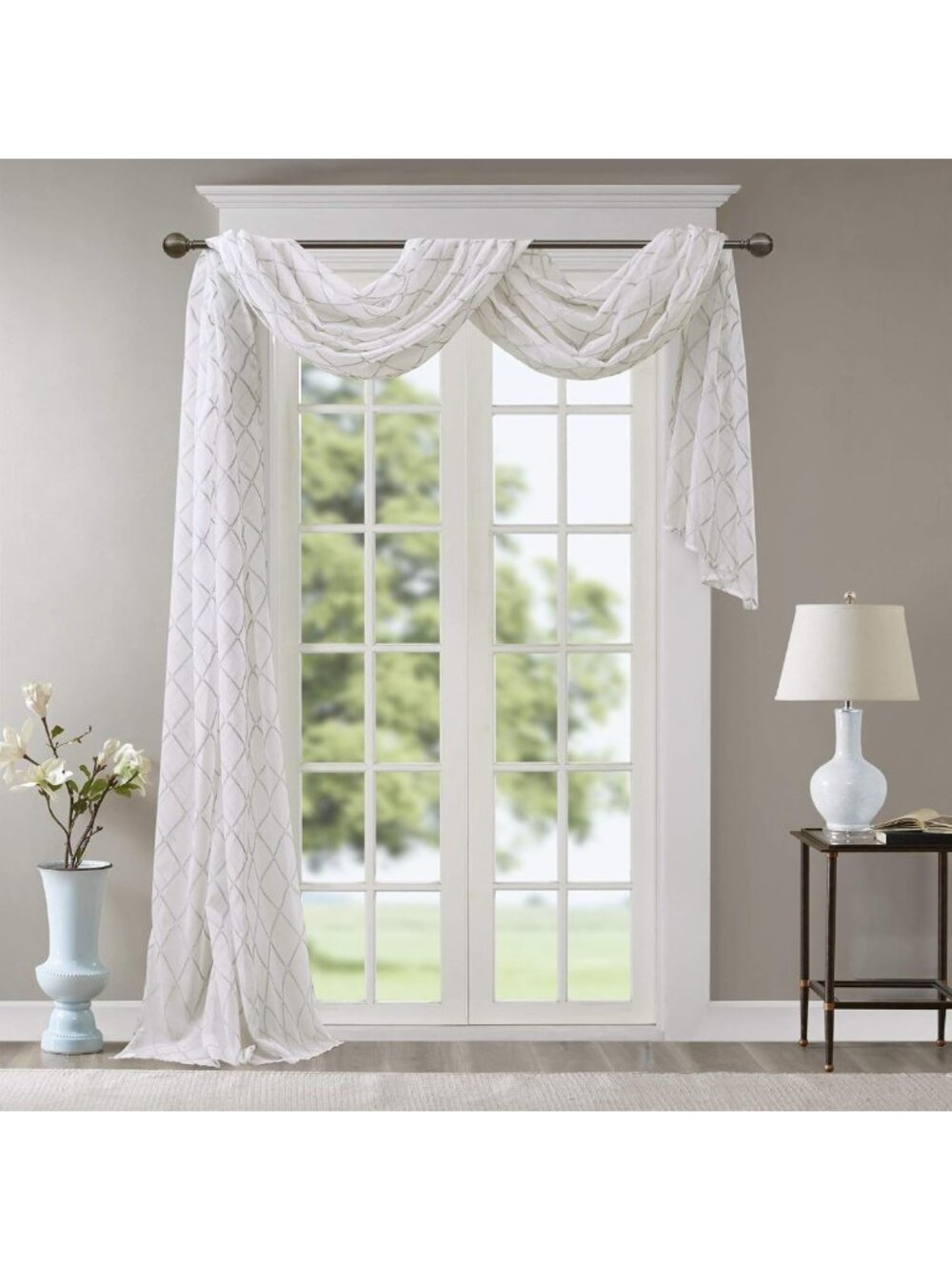 Elegant Sheer Curtain Scarf for Kitchen - 50x216 Inches, White & Grey Panel